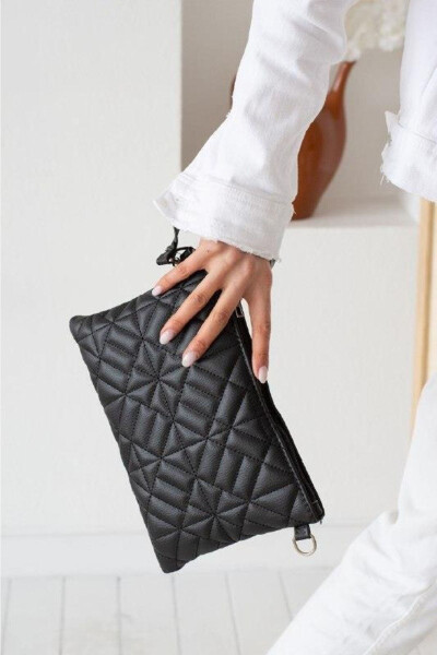 Women's Black Patterned Portfolio Clutch Bag 25x19 cm - 2