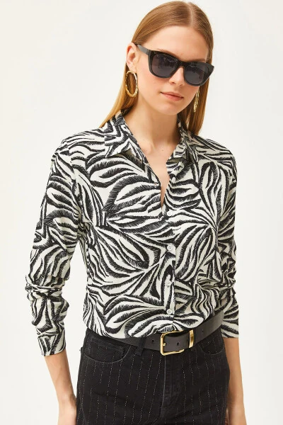 Women's Black Pencil Effect Woven Shirt GML-19001175 - OLALOOK