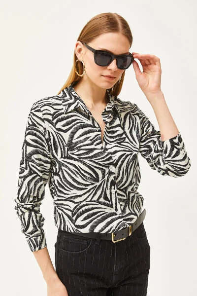 Women's Black Pencil Effect Woven Shirt GML-19001175 - 3