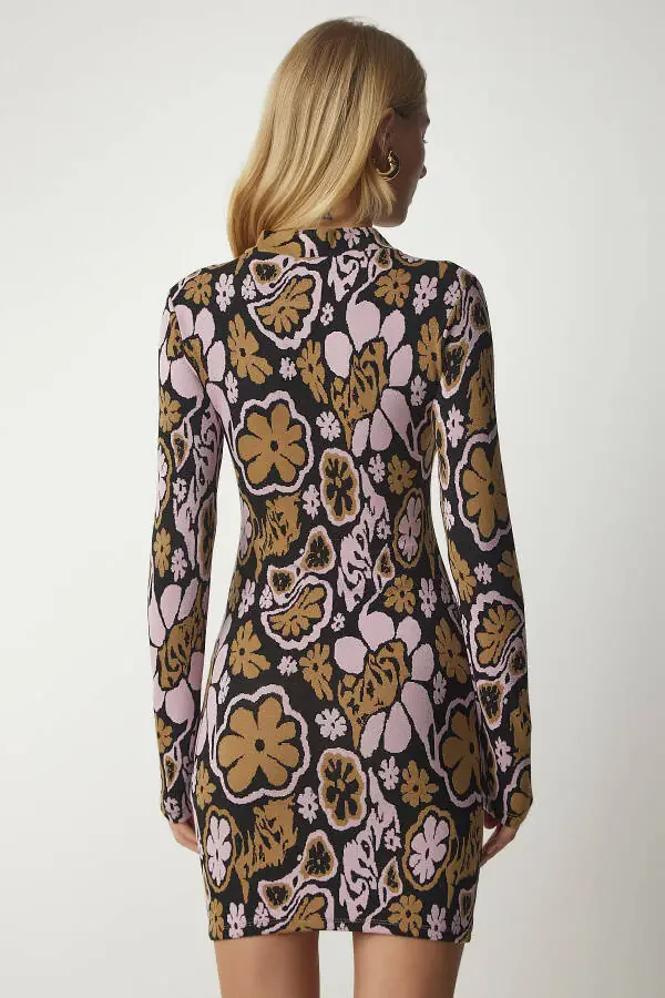 Women's Black Pink Stripe Crew Neck Mini Knit Dress UB00173 - 6