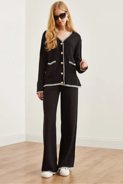 Women's Black Piping Detail Sweatshirt and Pants Knit Set TKM-19000305 - OLALOOK