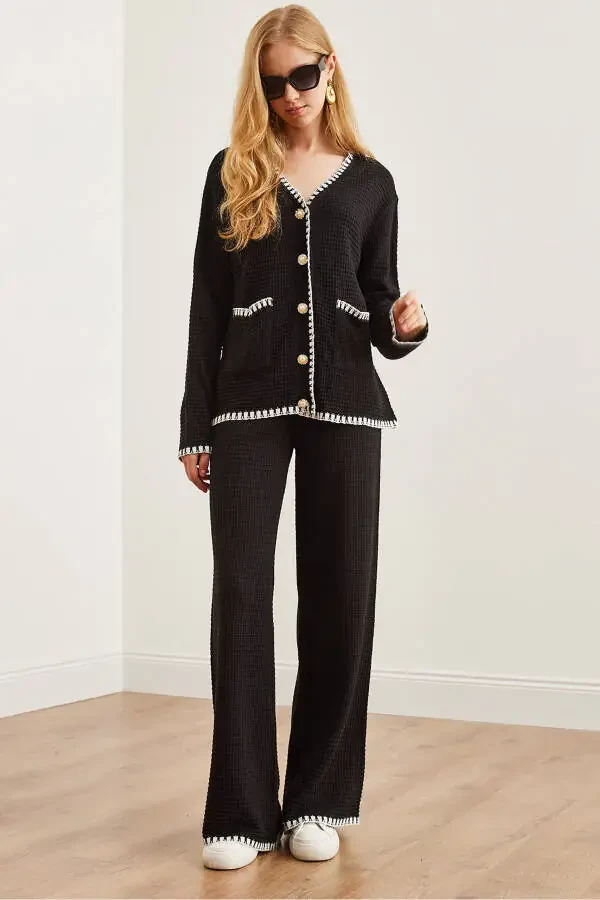 Women's Black Piping Detail Sweatshirt and Pants Knit Set TKM-19000305 - 1