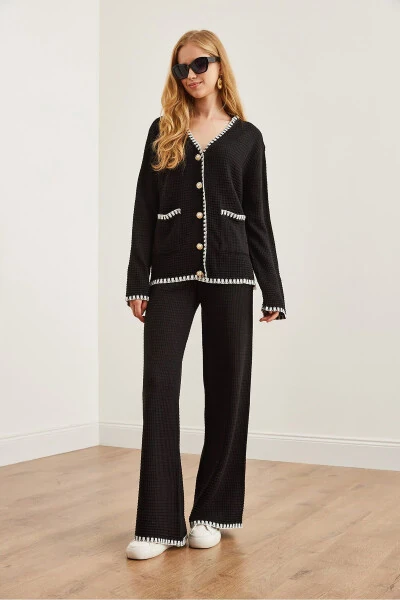 Women's Black Piping Detail Sweatshirt and Pants Knit Set TKM-19000305 - 3