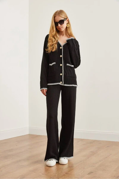 Women's Black Piping Detail Sweatshirt and Pants Knit Set TKM-19000305 - 4