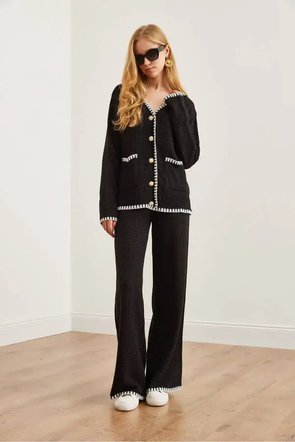 Women's Black Piping Detail Sweatshirt and Pants Knit Set TKM-19000305 - 4