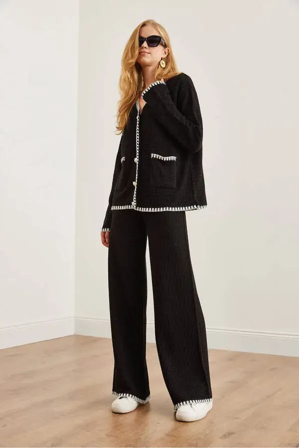 Women's Black Piping Detail Sweatshirt and Pants Knit Set TKM-19000305 - 5