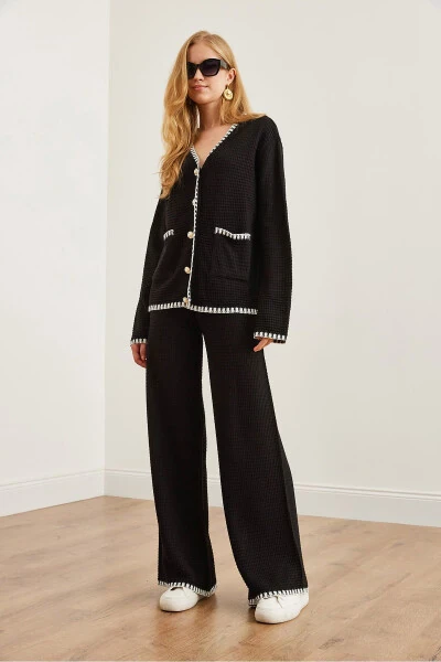 Women's Black Piping Detail Sweatshirt and Pants Knit Set TKM-19000305 - 6