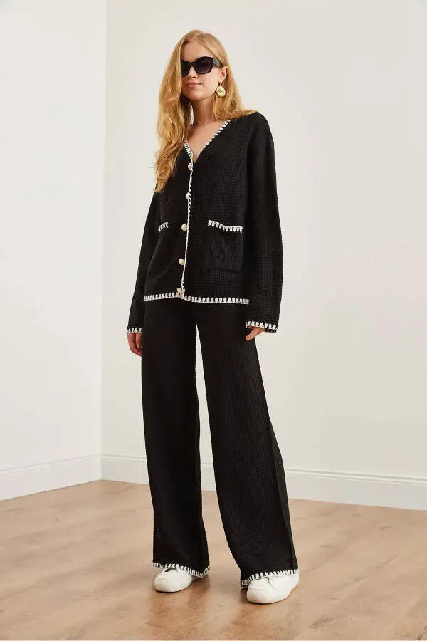 Women's Black Piping Detail Sweatshirt and Pants Knit Set TKM-19000305 - 6