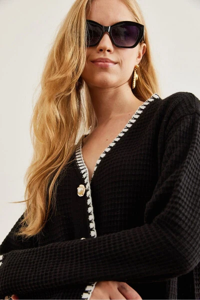 Women's Black Piping Detail Sweatshirt and Pants Knit Set TKM-19000305 - 7