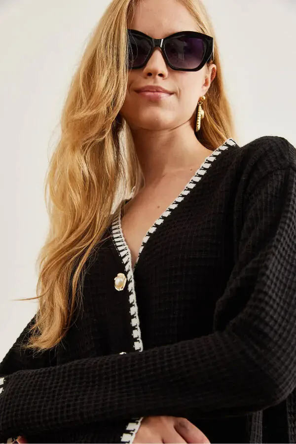 Women's Black Piping Detail Sweatshirt and Pants Knit Set TKM-19000305 - 7