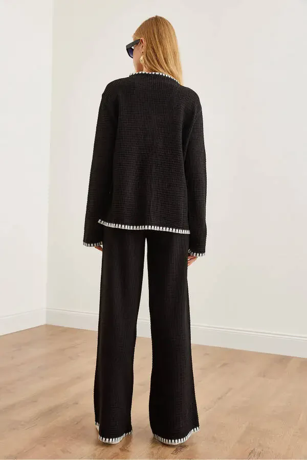 Women's Black Piping Detail Sweatshirt and Pants Knit Set TKM-19000305 - 8
