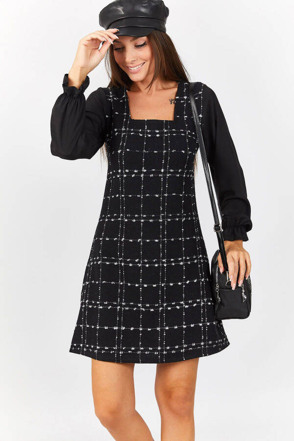 Women's Black Plaid Square Neck Long Sleeve Dress ARM-22Y001182 - 1