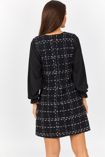 Women's Black Plaid Square Neck Long Sleeve Dress ARM-22Y001182 - 2