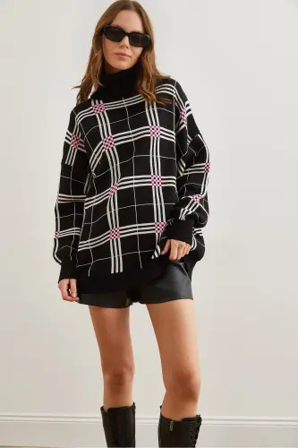 Women's Black Plaid Turtleneck Knit Tunic Dress - 1