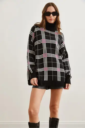 Women's Black Plaid Turtleneck Knit Tunic Dress - OLALOOK (1)