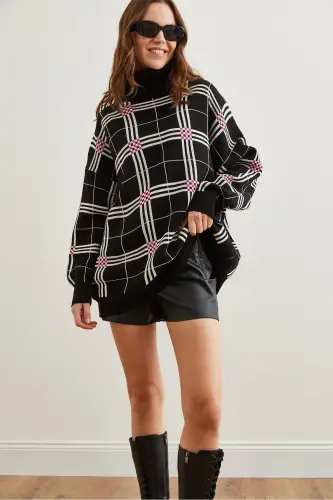 Women's Black Plaid Turtleneck Knit Tunic Dress - 3