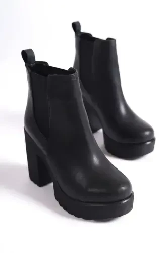 Women's Black Platform Heel Boot-Black Platform Elastic - DS AYAKKABI (1)