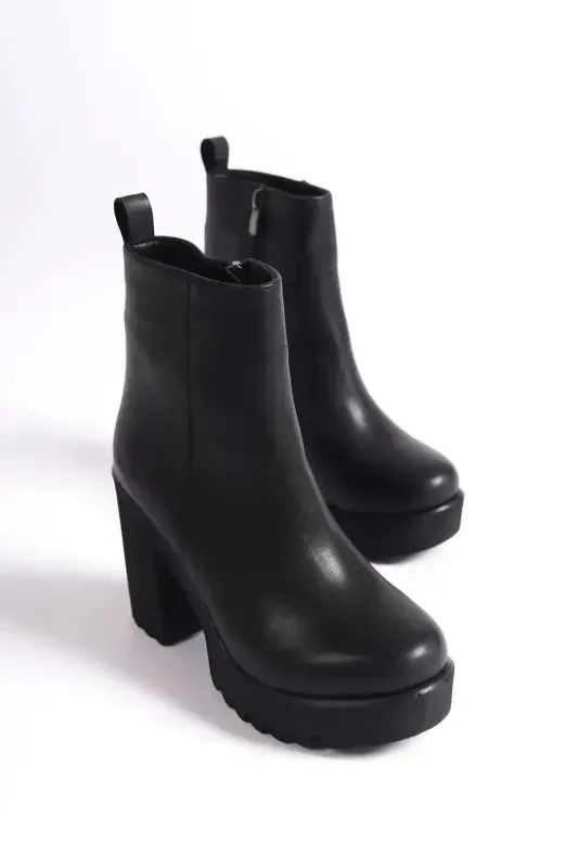 Women's Black Platform Heel Boot - Black Platform Zippered - DS AYAKKABI