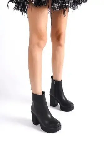 Women's Black Platform Heel Boot - Black Platform Zippered - 3