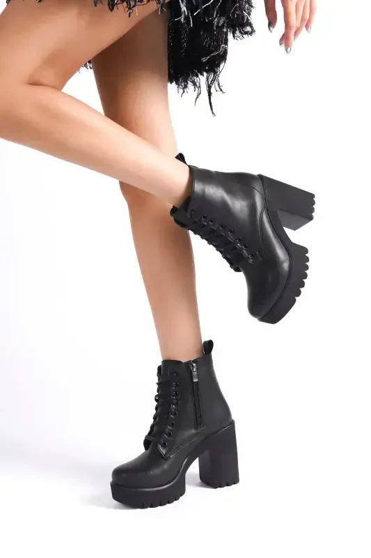 Women's Black Platform Heel Lace-up Boot - Black Platform - DS AYAKKABI