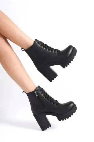 Women's Black Platform Heel Lace-up Boot - Black Platform - DS AYAKKABI (1)