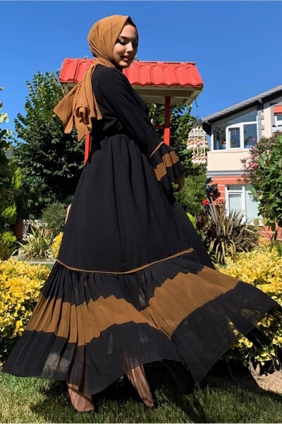 Women's Black Pleated Voluminous Abaya T 4547 - 7