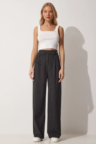 Women's Black Pleated Wide Leg Trousers GK00008 - 3