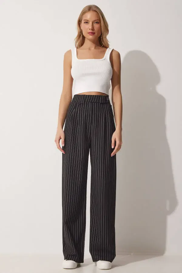 Women's Black Pleated Wide Leg Trousers GK00008 - 3