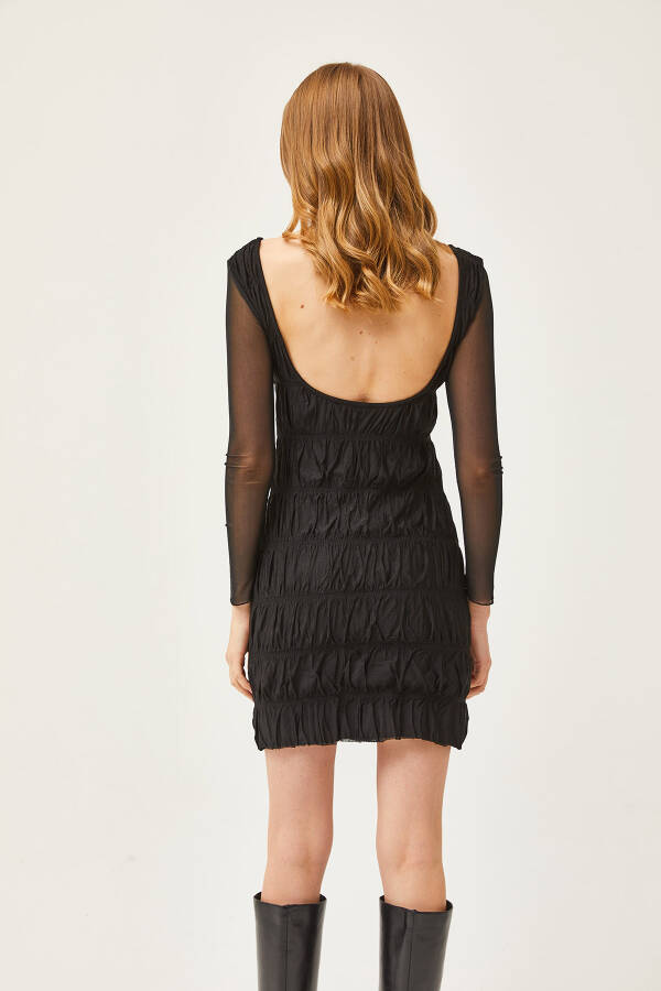 Women's Black Plunging Back Halter Lined Dress ELB-19002036 - 5