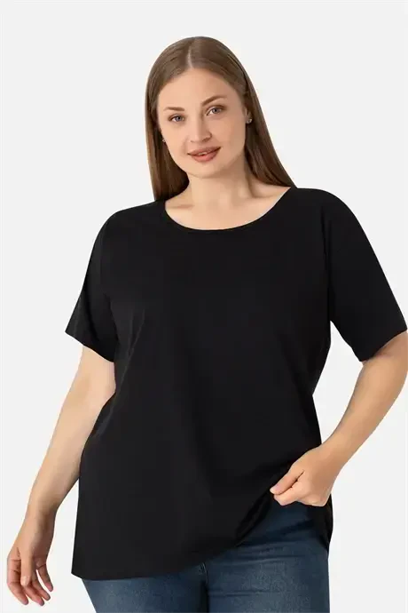 Women's Black Plus Size Crew Neck Cotton Lycra Stretch Short Sleeve T-Shirt - BÜYÜKBEDENIZ