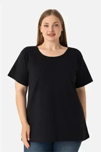 Women's Black Plus Size Crew Neck Cotton Lycra Stretch Short Sleeve T-Shirt - 3