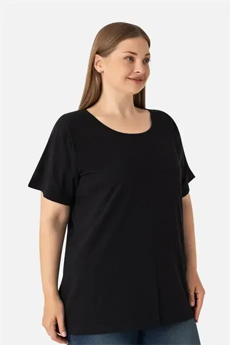 Women's Black Plus Size Crew Neck Cotton Lycra Stretch Short Sleeve T-Shirt - 4