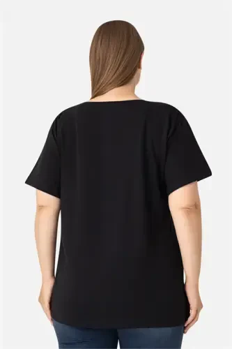 Women's Black Plus Size Crew Neck Cotton Lycra Stretch Short Sleeve T-Shirt - 5