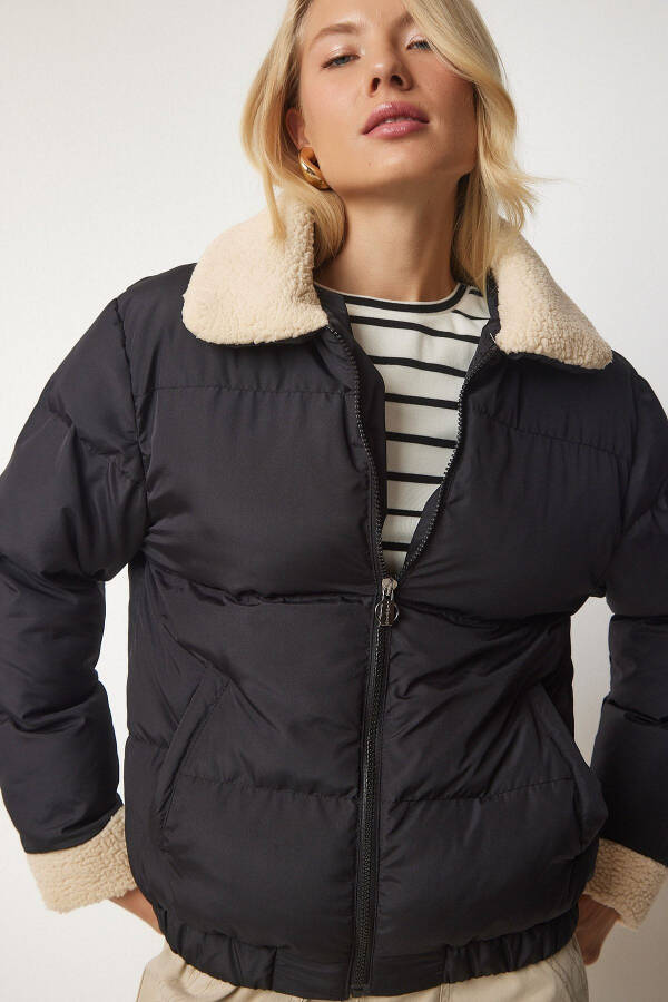 Women's Black Plush Detailed Padded Jacket VP00004 - 8