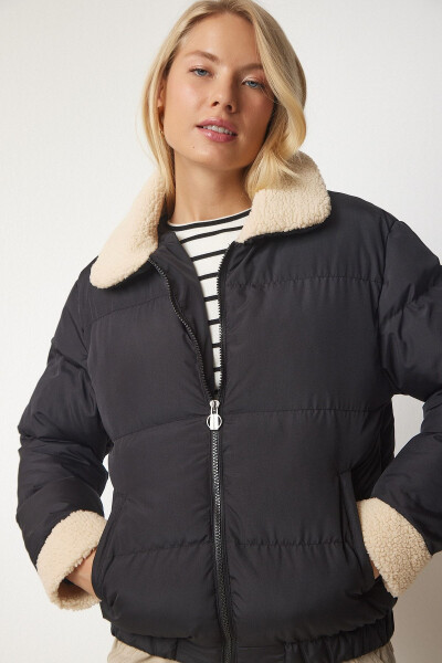 Women's Black Plush Detailed Padded Jacket VP00004 - 9