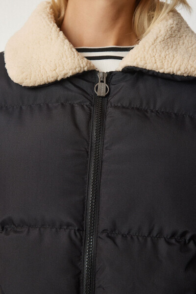 Women's Black Plush Detailed Padded Jacket VP00004 - 12