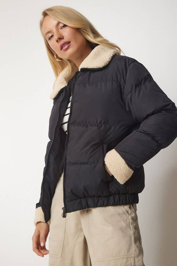Women's Black Plush Detailed Padded Jacket VP00004 - 3
