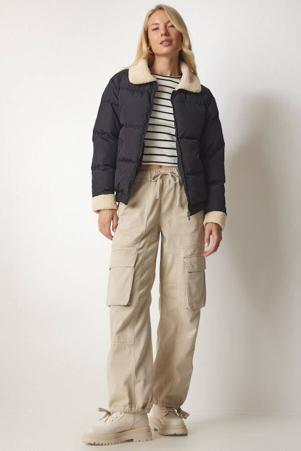 Women's Black Plush Detailed Padded Jacket VP00004 - 4