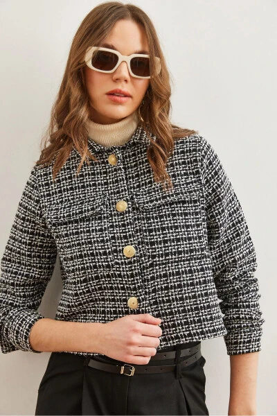 Women's Black Pocket Button Sequin Detailed Tweed Jacket CKT-19000411 - 1