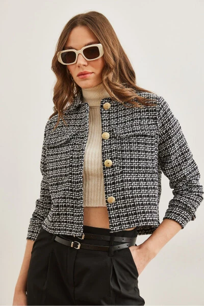Women's Black Pocket Button Sequin Detailed Tweed Jacket CKT-19000411 - 2