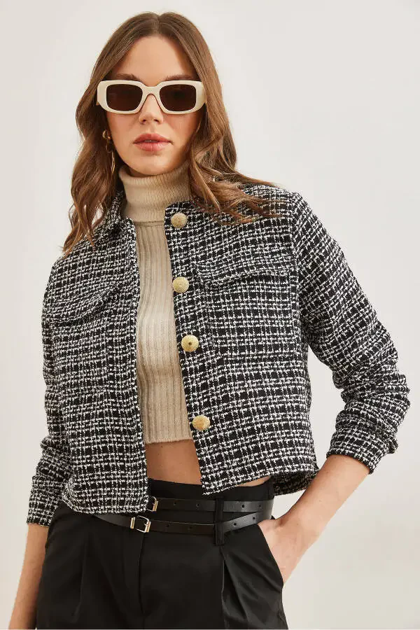 Women's Black Pocket Button Sequin Detailed Tweed Jacket CKT-19000411 - 3