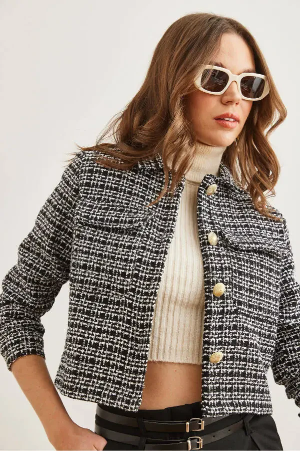 Women's Black Pocket Button Sequin Detailed Tweed Jacket CKT-19000411 - 4