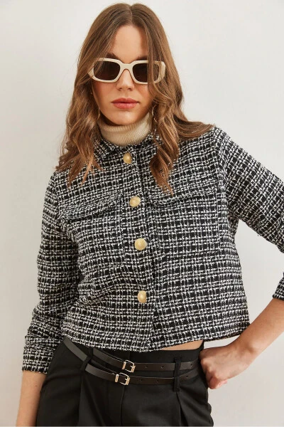 Women's Black Pocket Button Sequin Detailed Tweed Jacket CKT-19000411 - 5