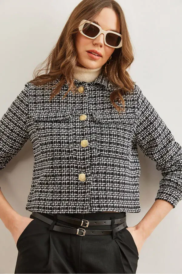 Women's Black Pocket Button Sequin Detailed Tweed Jacket CKT-19000411 - 6