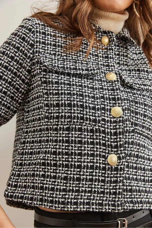 Women's Black Pocket Button Sequin Detailed Tweed Jacket CKT-19000411 - 7