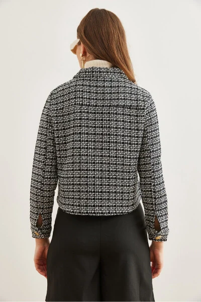 Women's Black Pocket Button Sequin Detailed Tweed Jacket CKT-19000411 - 8