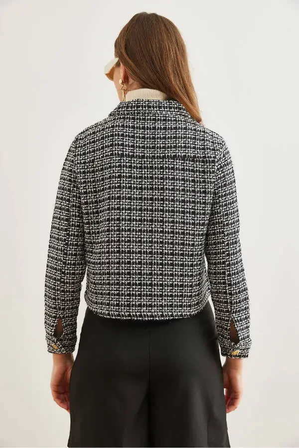 Women's Black Pocket Button Sequin Detailed Tweed Jacket CKT-19000411 - 8