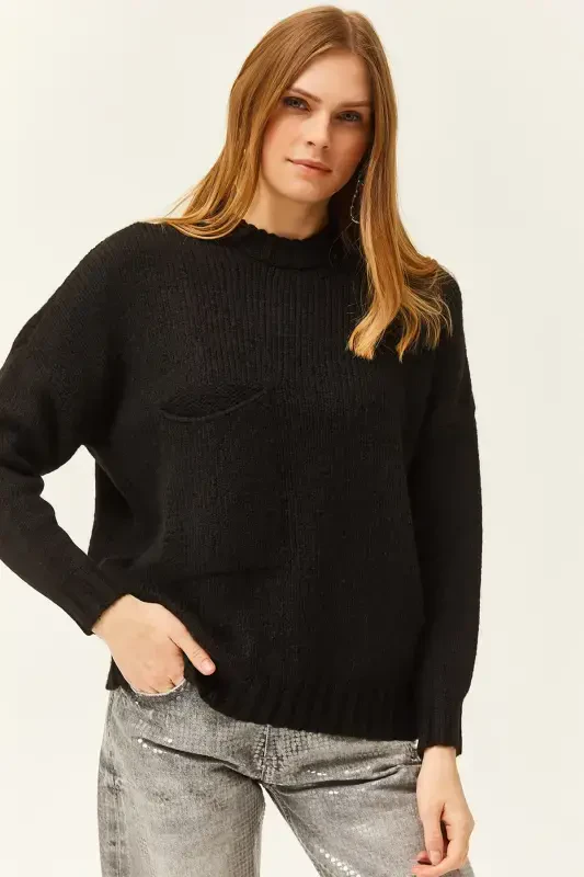 Women's Black Pocket Detailed Soft Textured Oversize Knit Sweater KZK-19000767-Black - OLALOOK
