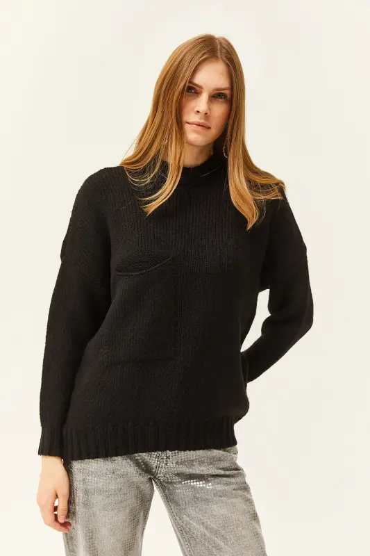 Women's Black Pocket Detailed Soft Textured Oversize Knit Sweater KZK-19000767-Black - 2