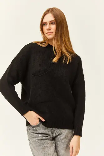 Women's Black Pocket Detailed Soft Textured Oversize Knit Sweater KZK-19000767-Black - 3